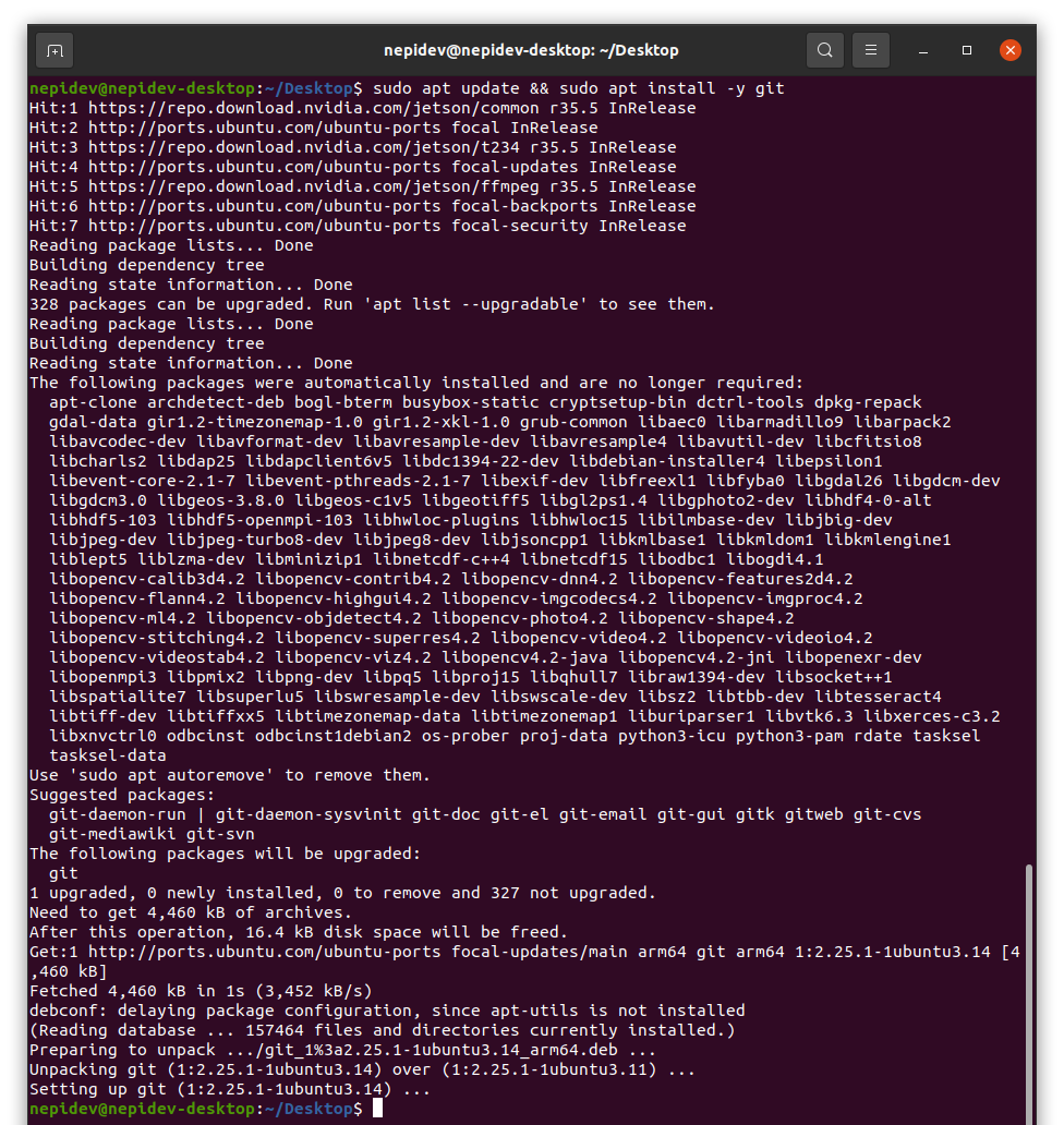 Terminal output showing git installation