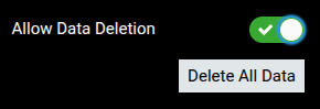 SAVE DATA STATUS panel with Allow Data Deletion enabled and Delete All Data button visible